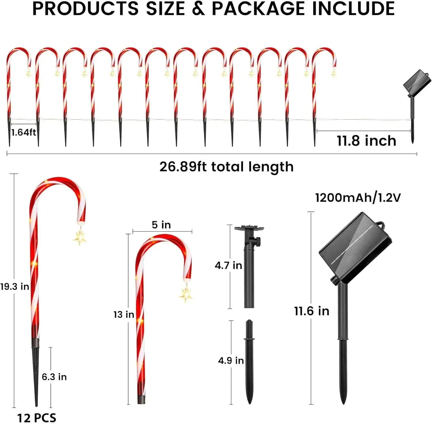 12 Pack Christmas Candy Cane Pathway Solar Garden Lights, 8 Lighting Modes Perfect for Outdoor Patios, Walkways, and Holiday Celebrations, Xmas Decorations