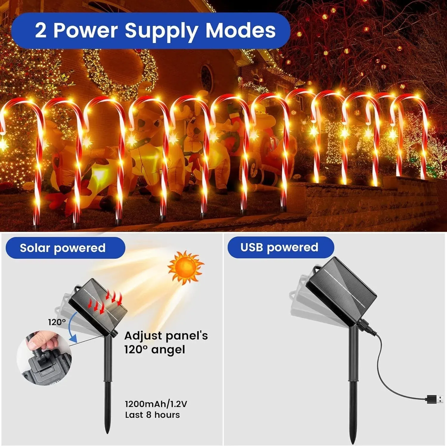 12 Pack Christmas Candy Cane Pathway Solar Garden Lights, 8 Lighting Modes Perfect for Outdoor Patios, Walkways, and Holiday Celebrations, Xmas Decorations