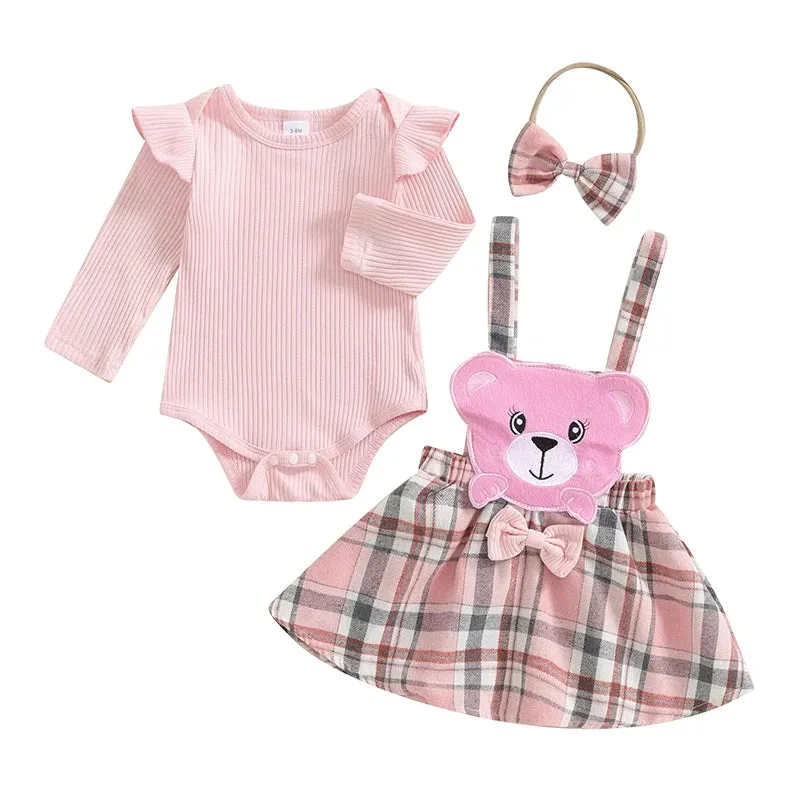 Baby Girls 3Pcs Fall Suspender Skirt with Headband