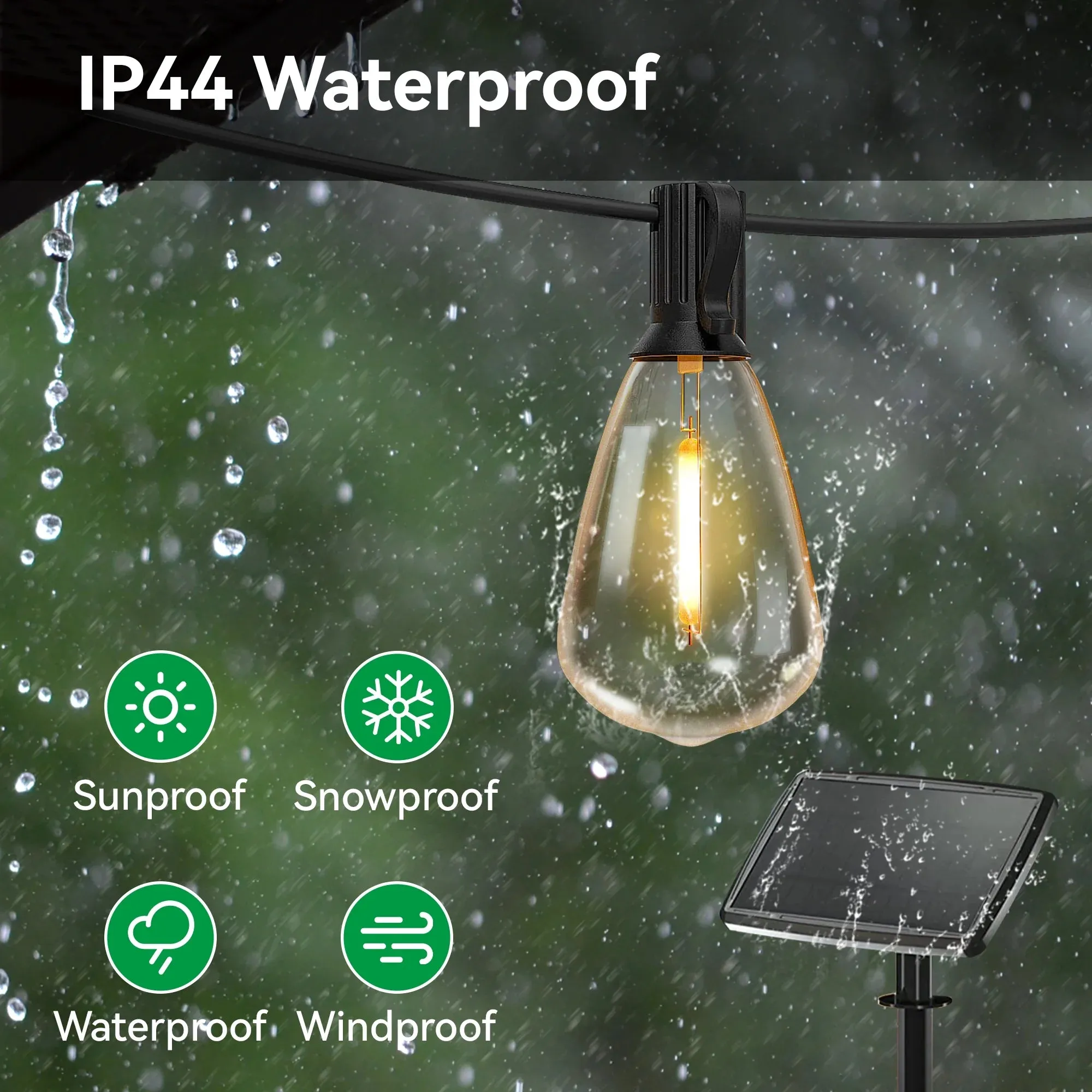 DAYBETTER 100ft Solar Outdoor String Lights, with 24 Edison Vintage Shatterproof Bulbs, ST38 Waterproof Hanging Lights, Connectable and Dimmable Lights for Yard, Patio