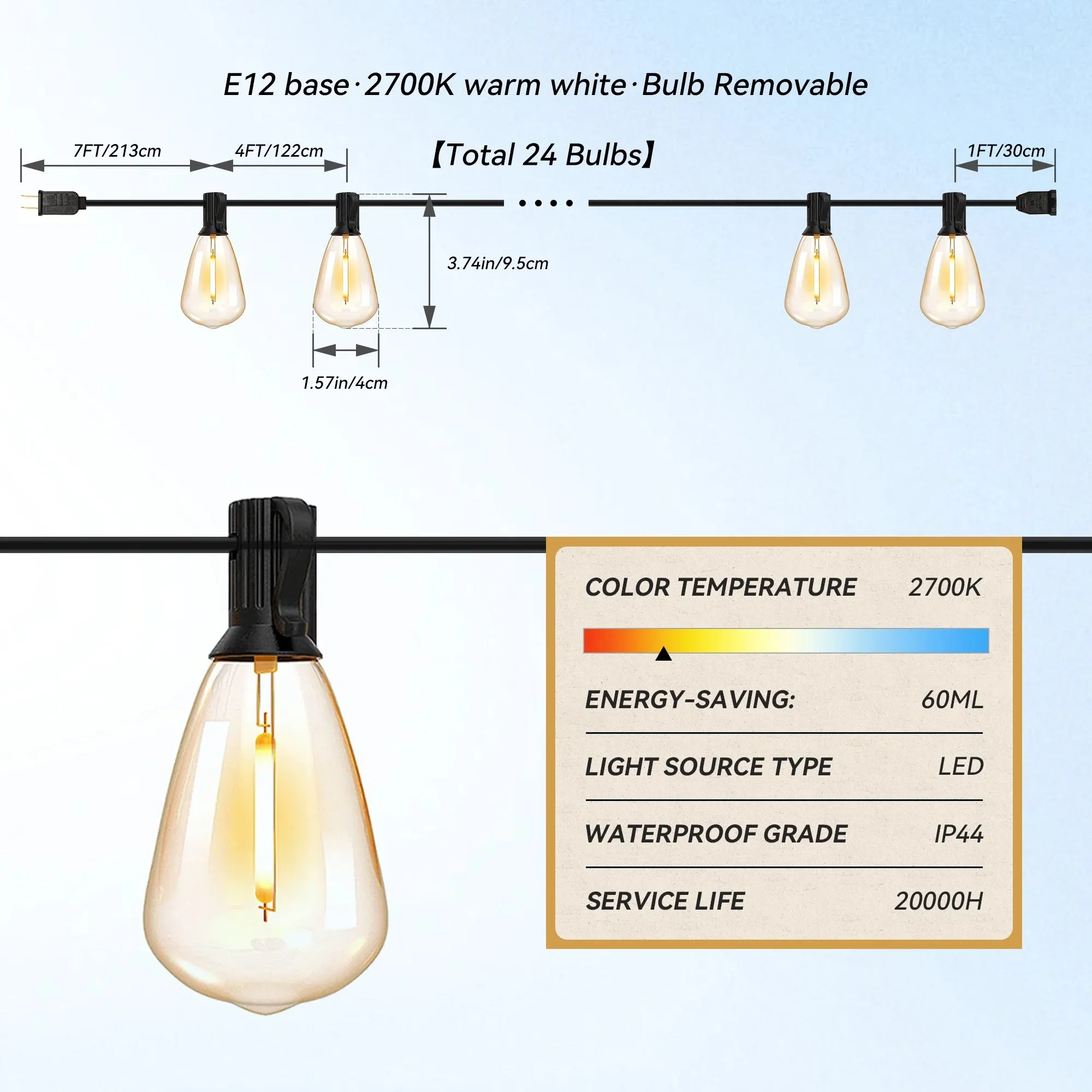 DAYBETTER 100ft Solar Outdoor String Lights, with 24 Edison Vintage Shatterproof Bulbs, ST38 Waterproof Hanging Lights, Connectable and Dimmable Lights for Yard, Patio