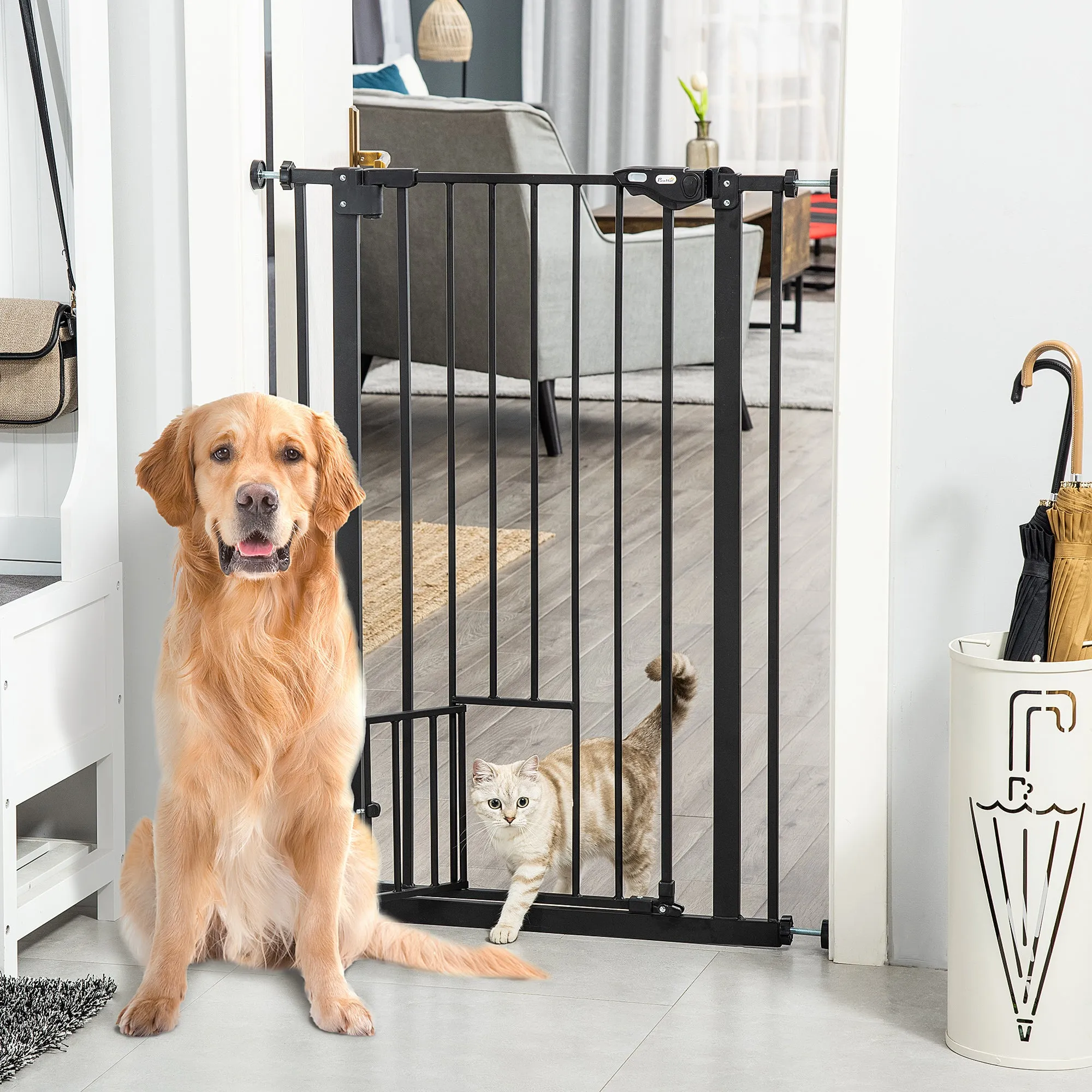 Extra Tall Dog Gate with Cat Door, Pet Safety Gate for Doorways Stairs with Auto Close Double Locking, 104 cm Tall 74-80 cm Wide, Black