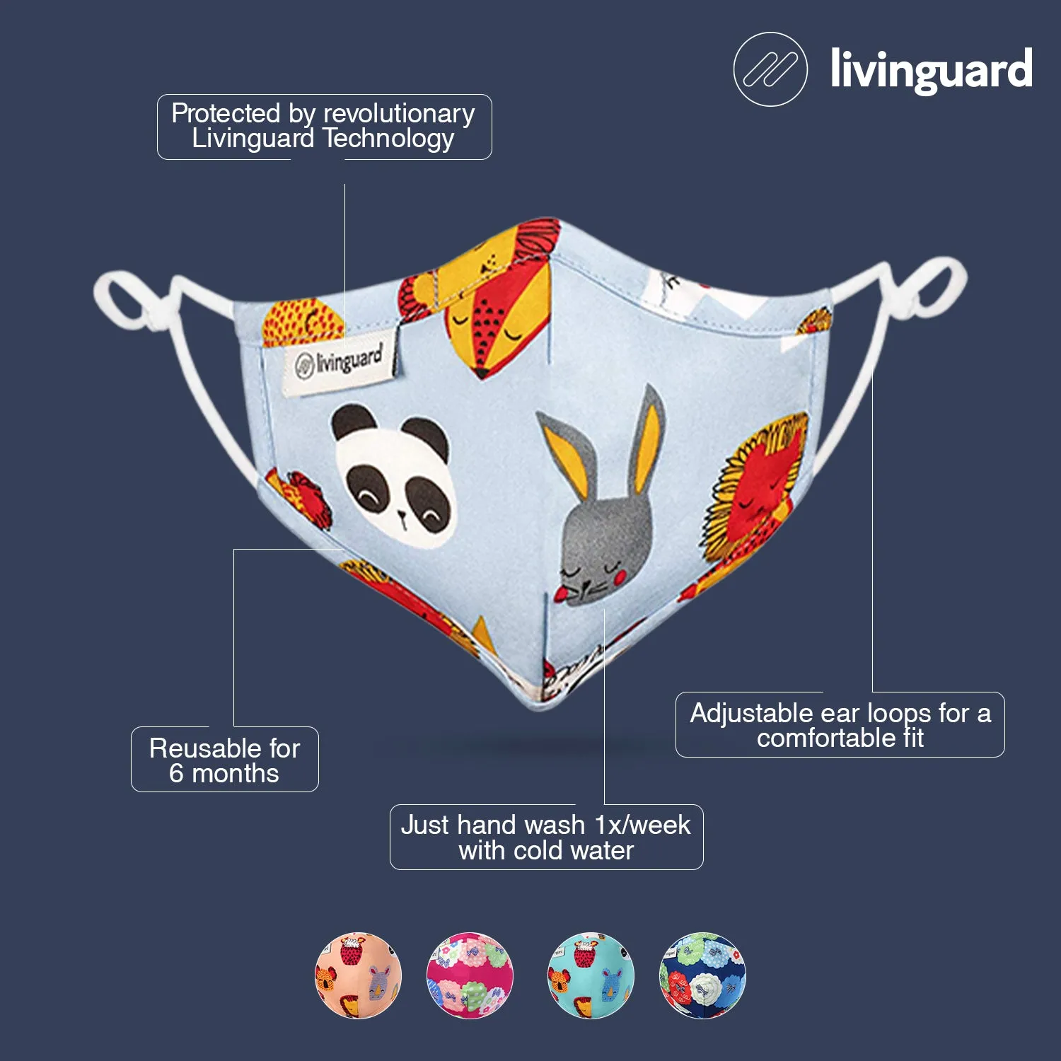 Livinguard Kids STREET Mask - Mixed, Set of 3 |Anti-Microbial |Destroys 99.9% Coronavirus | Washable & Reusable