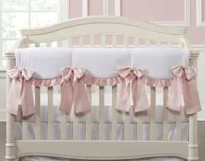 Liz & Roo All-White Scalloped Rail Cover with Pink Ruffle   4 Pink Linen Bows