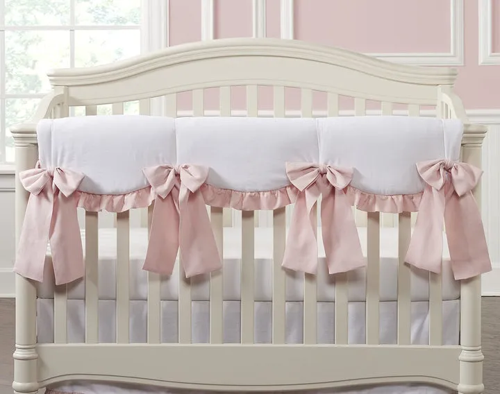 Liz & Roo All-White Scalloped Rail Cover with Pink Ruffle   4 Pink Linen Bows