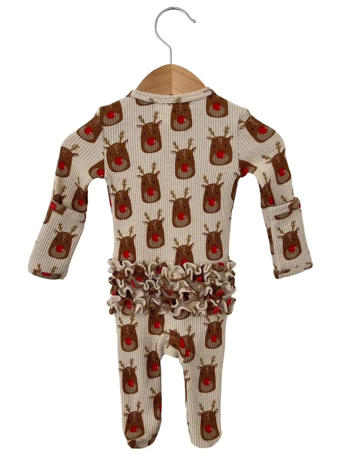 Organic Waffle Ruffle Zip Footie, Reindeer