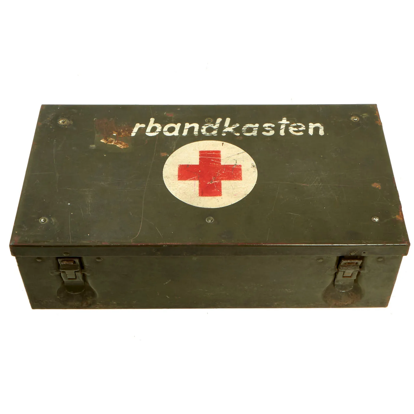 Original German WWII Verbandkasten Medic First Aid Set in Green Steel Chest with 1941 - 1945 Dated Contents