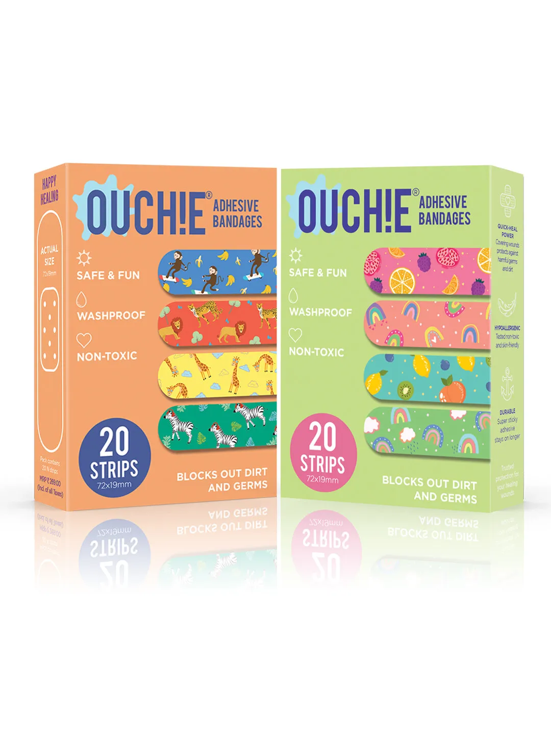 Ouchie Non-Toxic Printed Bandages Double Combo Set (40 Pack) - Orange & Lime Green