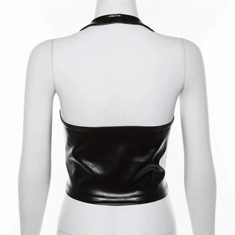 Sexy Punk Y2K Black PU Leather Crop Top Womens Backless Camisole
