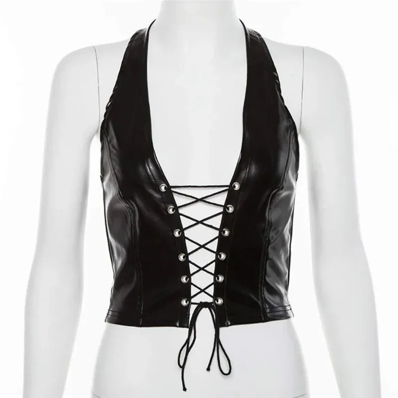 Sexy Punk Y2K Black PU Leather Crop Top Womens Backless Camisole