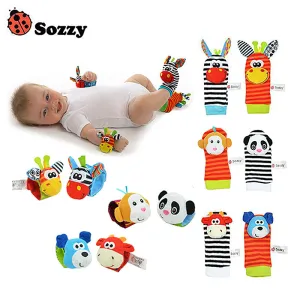 Sozzy 2pcs Soft Baby Toy Wrist Strap Socks Cute Cartoon Garden Bug Plush Rattle with Ring Bell 0M 